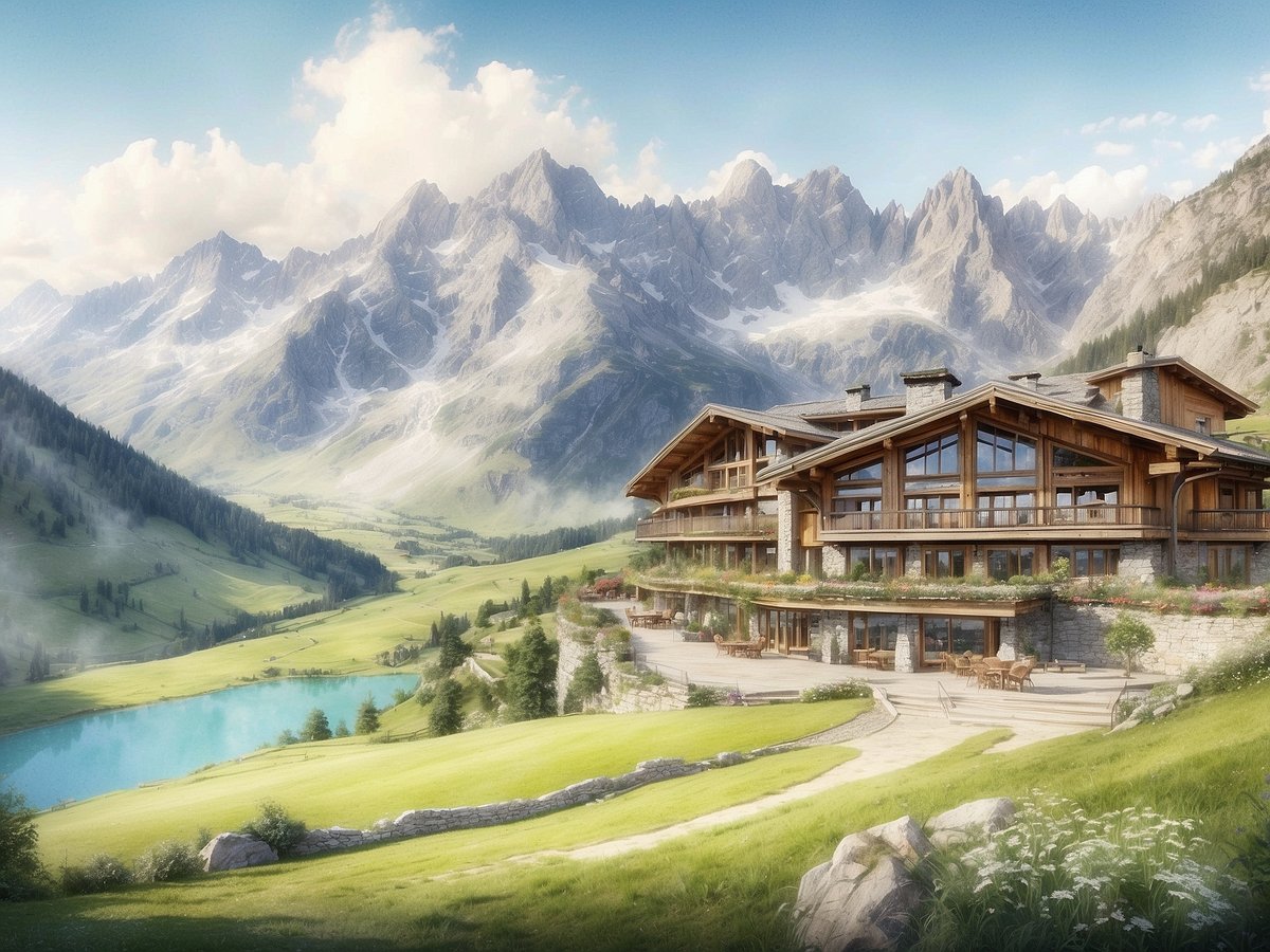 Im Bild ist eine malerische Almhütte zu sehen, die sich in einer idyllischen Landschaft in Österreich befindet. Die Hütte ist modern und im traditionellen alpinen Stil erbaut, mit großen Fenstern und Holzverkleidungen. Vor der Hütte erstreckt sich eine grüne Wiese, die sanft zu einem klaren blauen See hinab führt. Im Hintergrund erheben sich majestätische Berge mit schneebedeckten Gipfeln, umrahmt von leicht bewaldeten Hängen. Der Himmel ist klar und die Szenerie strahlt eine ruhige und friedliche Atmosphäre aus.