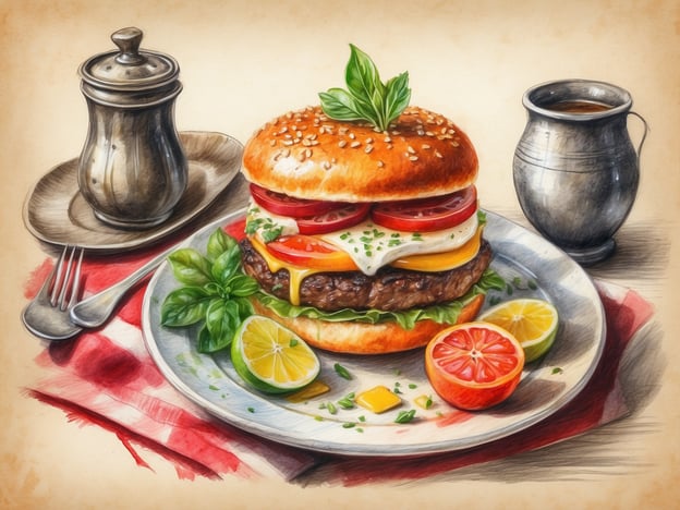 Auf dem Bild ist ein leckerer Burger zu sehen, der in einem goldbraunen Sesam-Brötchen serviert wird. Der Burger enthält saftiges Fleisch, geschmolzenen Käse, frische Tomatenscheiben und ein Spiegelei. Dazu gibt es eine Garnitur aus Kräutern, die für zusätzlichen Geschmack sorgt. Auf dem Teller liegen auch frische Limetten und eine Zitronenhälfte, die perfekt sind, um dem Gericht eine spritzige Note zu verleihen. Daneben steht ein Becher, wahrscheinlich mit Getränk, sowie ein Salz- und Pfefferstreuer. Die Szenerie vermittelt ein einladendes kulinarisches Erlebnis.