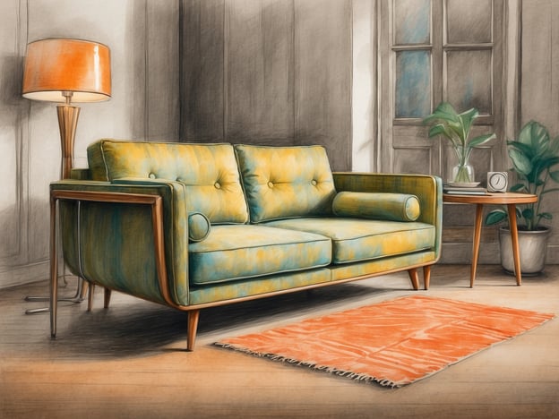 Auf dem Bild ist ein stilvolles Wohnzimmer mit einem auffälligen Sofa in Gelb-Blau zu sehen. Dazu gehören eine schlichte Stehlampe, ein Tisch mit einer kleinen Uhr und einer Pflanze sowie ein Teppich in Orange. Die gesamte Atmosphäre zeigt, dass IKEA mehr als nur Möbel bietet – es schafft einladende und gemütliche Wohnräume.