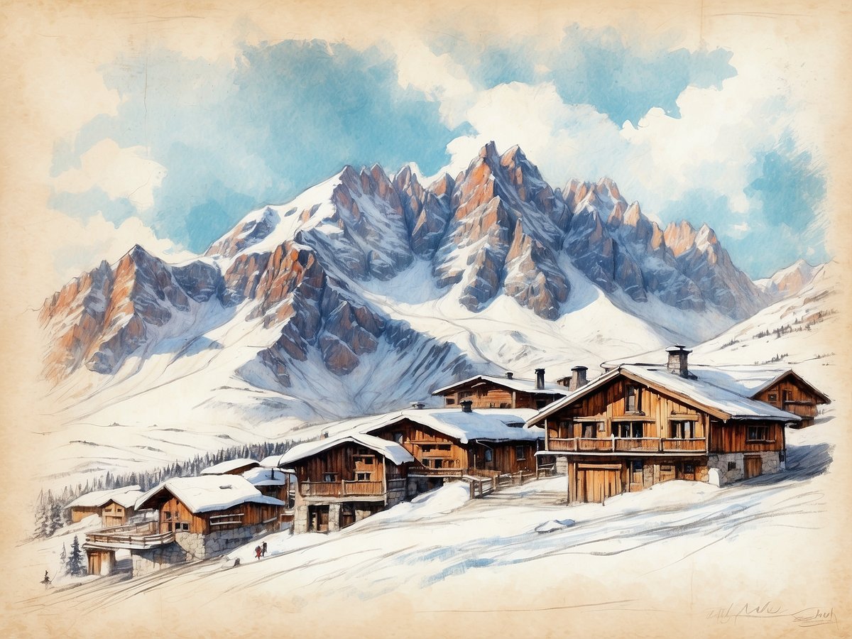 Eine idyllische Winterlandschaft in Saalbach Hinterglemm mit traditionellen Holzchalets, die in einer schneebedeckten Umgebung stehen. Im Hintergrund ragen majestätische Berge mit schneebedeckten Gipfeln in den klaren blauen Himmel. Die Szene vermittelt eine ruhige und einladende Atmosphäre, perfekt für einen Skiurlaub oder einen gemütlichen Aufenthalt in den Bergen.