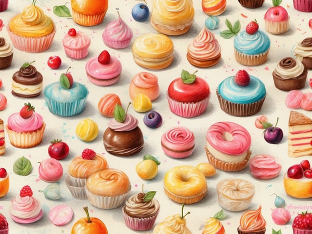 Auf dem Bild sind viele süße Leckereien zu sehen, die typisch für die süßen Genüsse Schwedens sein könnten. Es gibt eine bunte Auswahl an Cupcakes, kleinen Törtchen und verschiedenen Gebäcken. Die Farben reichen von Pastell bis zu kräftigen Tönen, und viele der Desserts sind mit Früchten und Sahne dekoriert. Diese Vielfalt an Süßigkeiten spiegelt die schwedische Vorliebe für Zuckerbäckerei wider und lädt zum Naschen ein.