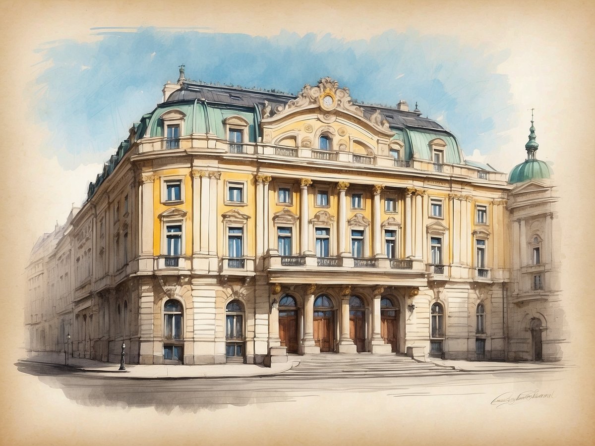 Das Bild zeigt die beeindruckende Fassade des Anantara Palais Hansen Vienna Hotels in Österreich. Das historische Gebäude besticht durch seine elegante Architektur mit einer Kombination aus gelben und weißen Putzverzierungen sowie kunstvoll gestalteten Fenstern und Türen. Der Eingang ist durch hohe Säulen betont, und auf dem Dach befinden sich auffällige grüne Kuppeln. Der Himmel ist größtenteils blau und klar, was die Schönheit des Gebäudes unterstreicht.