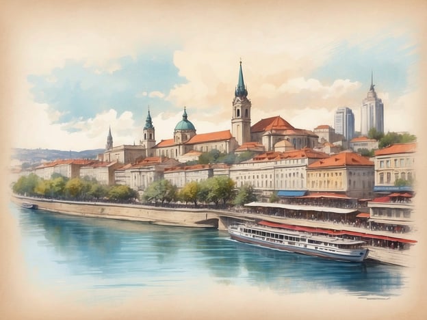 Das Bild zeigt eine malerische Aussicht auf eine Stadtlandschaft, die möglicherweise Belgrad darstellt. Man sieht eine Uferpromenade mit einem Fluss, der durch die Stadt fließt, sowie historische Gebäude mit verschiedenen architektonischen Stilen, die die kulturelle Vielfalt der Region widerspiegeln. 

In Belgrad sind historische Kirchen, moderne Hochhäuser und schöne, grüne Uferbereiche zu finden, die das reiche Erbe und die multikulturelle Geschichte der Stadt symbolisieren. Diese Vielfalt zeigt sich in den unterschiedlichen kulturellen Einflüssen, die über die Jahrhunderte hinaus in der Stadt gelebt und gewirkt haben.