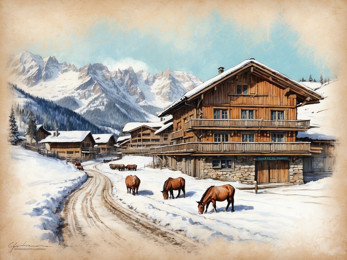 Idyllische Winterlandschaft in Avoriaz mit verschneiten Chalets aus Holz und sanften Hügeln. Im Vordergrund grasen einige Pferde auf einer schneebedeckten Wiese. Im Hintergrund ragen majestätische Berge in den blauen Himmel. Der Weg führt sanft durch die ruhige Szene und betont die malerische Umgebung.