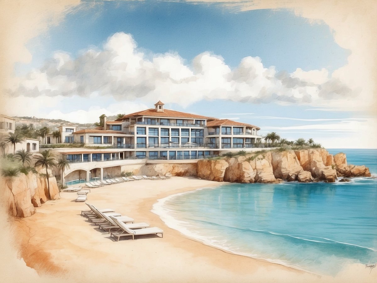 Das Bild zeigt das NH Hotels Anantara Vilamoura Algarve Resort in Portugal. Das elegante Hotel liegt direkt am Strand und ist von sanften Klippen umgeben. Die Architektur des Resorts besteht aus großzügigen Fenstern, die einen Blick auf das Meer bieten. Auf dem Sandstrand sind weiße Sonnenliegen aufgestellt, die eine entspannende Atmosphäre schaffen. Der Himmel ist klar mit einigen Wolken, und das ruhige Wasser des Ozeans reflektiert die Schönheit der Umgebung.