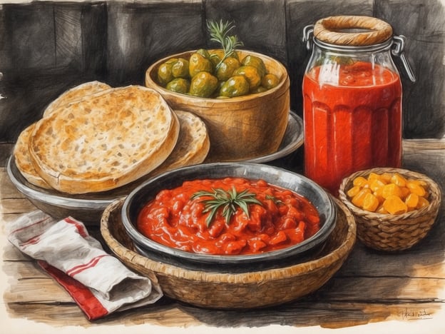 Auf dem Bild sind verschiedene serbische Spezialitäten zu sehen. Die Hauptkomponente scheint eine Art Tomatensoße oder Ajvar zu sein, was sehr typisch für die serbische Küche ist. Ajvar ist ein eingelegter Paprika-Dip, der in vielen Gerichten verwendet wird. 

Zusätzlich sieht man Fladenbrot, das oft zu vielen serbischen Gerichten serviert wird. Die Schalen enthalten wahrscheinlich eingelegte Oliven oder andere eingelegte Gemüsesorten, die ebenfalls in der serbischen Küche geschätzt werden. Ein Glas mit einer weiteren roten Soße oder Paste könnte ebenfalls Ajvar oder eine hausgemachte Tomatensoße sein. 

Insgesamt vermittelt das Bild ein Gefühl von herzhaftem und traditionellem serbischem Essen.