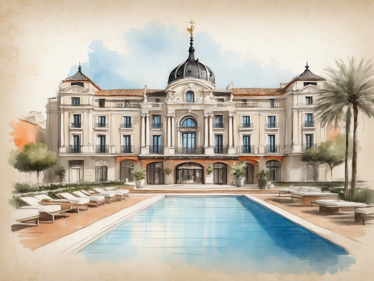 Das Bild zeigt die Fassade des NH Hotels Avani Alonso Martinez in Madrid, Spanien. Im Vordergrund befindet sich ein großer, blauer Swimmingpool, der von einer Terrasse mit Liegen umgeben ist. Die Hotelarchitektur ist elegant mit auffälligen architektonischen Details, darunter ein markanter Kuppelturm und geschmackvolle Fenster. Auf der rechten Seite sind prächtige Palmen und begrüntes Gelände zu sehen, was dem Gesamtbild eine entspannende Atmosphäre verleiht. Der Himmel im Hintergrund ist hell und weist einige Wolken auf.