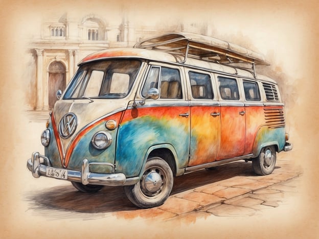 Auf dem Bild ist ein farbenfroher VW-Bus zu sehen, der eine vintage-ähnliche Ausstrahlung hat. Der Bus hat eine Mischung aus Blau, Orange und Rot, was ihn lebhaft und auffällig macht. Man kann auch ein Dachgepäckträger erkennen, der typischerweise mit Roadtrips und Freizeitaktivitäten assoziiert wird.

Dieser VW-Bus symbolisiert nicht nur Abenteuer und Freiheit, sondern steht auch für kulturelle Vielfalt. Er ist ein beliebtes Fahrzeug in vielen Ländern und hat in verschiedenen Kulturen unterschiedliche Bedeutungen angenommen. Er kann die Idee von Gemeinschaft, Reise und dem Entdecken neuer Kulturen und Landschaften verkörpern.