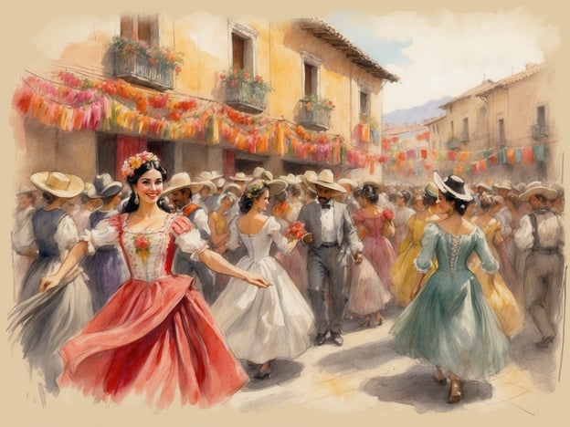 Auf dem Bild ist eine fröhliche Szene zu sehen, die an eine typische spanische Fiesta erinnert. Diese Feste sind bekannt für ihre lebendige Atmosphäre, traditionelle Kleidung und festliche Aktivitäten. 

Eine solche Fiesta könnte die **Feria de Abril** in Sevilla sein, die für ihre bunten Kleider, Tänze, Musik und festlich geschmückten Stände berühmt ist. Die Leute tanzen oft Flamenco, während sie lokale Speisen und Getränke genießen. 

Eine andere Möglichkeit ist die **San Fermín**-Feier in Pamplona, bekannt für die Stierläufe, aber auch für die ausgelassene Stimmung in den Straßen, wo sich die Menschen in traditioneller Kleidung versammeln und feiern. 

Die bunten Dekorationen und das fröhliche Miteinander im Bild spiegeln das feierliche und gesellige Wesen dieser Fiestas wider, bei denen Gemeinschaft, Musik und Tanz im Vordergrund stehen.