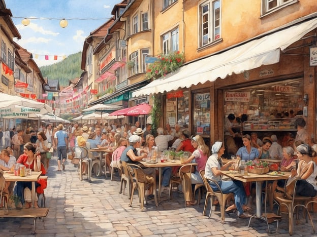 Auf dem Bild ist eine lebendige, malerische Straße zu sehen, in der Menschen entspannt an Tischen sitzen und ihre Mahlzeiten genießen. Die Atmosphäre ist einladend, mit zahlreichen Terrassencafés und bunten Sonnenschirmen. Kulinarische Highlights könnten frische Salate, hausgemachte Pasta oder regionale Spezialitäten sein, die auf den Tischen stehen, sowie erfrischende Getränke in Gläsern. Die Szenerie vermittelt ein Gefühl von Geselligkeit und Genuss in einer charmanten Umgebung.