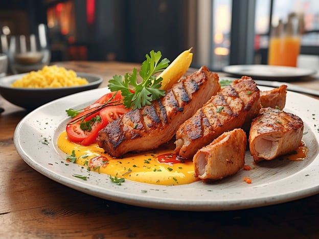 Auf dem Bild ist ein ansprechend präsentierter Teller mit gegrilltem Fleisch und Beilagen zu sehen. Besonders hervorstechen die Portionen von gegrilltem Fisch und Fleisch, umgeben von frischem Gemüse und Tomaten. Dazu gibt es eine würzige Sauce, die das Gericht perfekt ergänzt.

Kulinarische Highlights, die ähnlich aussehen könnten, sind zum Beispiel:

- **Gegrillter Thunfisch**: Ein beliebtes Gericht in hochwertigeren Fischrestaurants, oft serviert mit einer Beilage aus Salat und Zitronen.
- **Steakhouse**: Hier könnte man ein saftiges Filetsteak mit gegrillten Beilagen erwarten.
  
Einige der besten Restaurants für solch exquisite Gerichte könnten zum Beispiel sein:

- **Noble Grill**: Bekannt für seine hochwertigen Steaks und frischen Fischgerichte.
- **Fischmarkt**: Ein erstklassiges Restaurant mit Fokus auf frische Meeresfrüchte und kreative Zubereitungen.

Solche gastronomischen Erlebnisse bieten nicht nur köstliche Speisen, sondern auch eine wunderbare Atmosphäre.