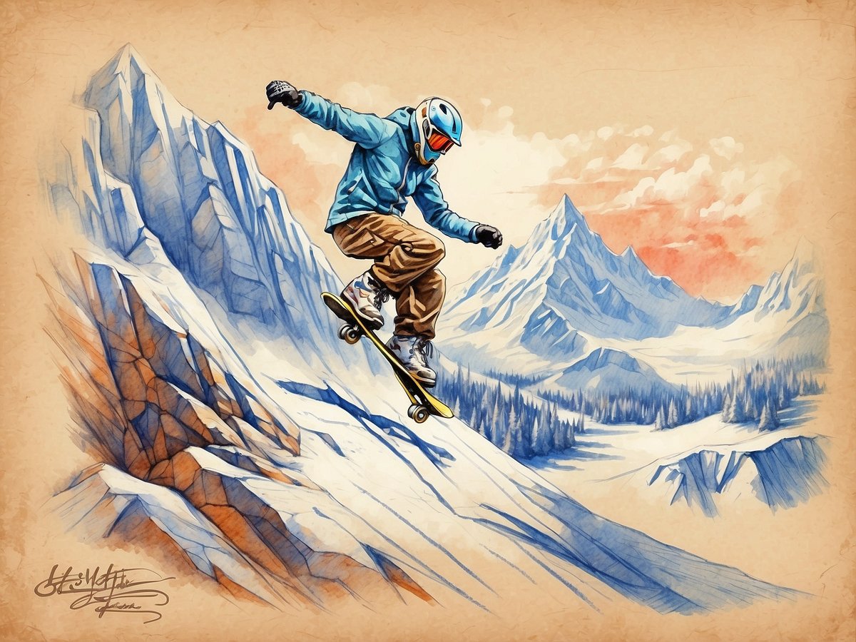 Ein Snowboardfahrer springt von einem verschneiten Hang in einer bergigen Winterlandschaft. Der Fahrer trägt eine blaue Jacke, eine Schutzbrille und einen Helm. Im Hintergrund sind hohe Berge mit Schnee und wolkenlosem Himmel zu sehen. Die Szene vermittelt ein Gefühl von Freiheit und Abenteuer im Schnee. Dieses Bild eignet sich hervorragend zur Veranschaulichung der Unterschiede zwischen All-Mountain und Freestyle Snowboards, da es sowohl die Vielseitigkeit als auch die Möglichkeit zum Freestyle-Fahren zeigt.