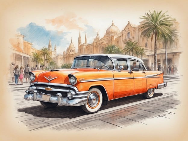 Auf dem Bild ist ein farbenfrohes, klassisches Auto zu sehen, das wahrscheinlich aus den 1950er Jahren stammt. Das Auto hat eine orange Farbe und verfügt über typische Designelemente dieser Ära, wie zum Beispiel einen großen Kühlergrill und geschwungene Linien.

### Tipps für Anfänger:
1. **Farben analysieren**: Achte darauf, wie die Farben auf dem Bild verwendet werden. Hier dominieren warme orangene Töne, die eine freundliche Atmosphäre schaffen.
2. **Formen erkennen**: Versuche, die Formen des Autos und die Umgebung zu identifizieren. Das Auto hat runde Scheinwerfer und eine ausgeprägte Frontpartie.
3. **Hintergrund beachten**: Schau dir den Hintergrund an. Die Architektur und Palmen im Bild deuten auf eine sonnige, heiße Umgebung hin.

### Tipps für Fortgeschrittene:
1. **Stil und Epoche**: Überlege, welche Designmerkmale typisch für Autos der 1950er Jahre sind. Diese Zeit ist bekannt für geschwungene Formen und auffällige Farben.
2. **Emotionalen Ausdruck**: Wie fühlt sich das Bild an? Nutze diese Emotionen, um eine Geschichte zu entwickeln, die das Auto und die Umgebung verbindet.
3. **Details betrachten**: Achte auf feinere Details, wie das Licht- und Schattenspiel auf dem Auto. Diese Elemente tragen zur Tiefe und Real