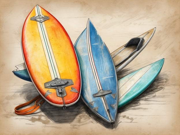 Auf dem Bild sind mehrere Surfboards zu sehen, die in verschiedenen Farben gestaltet sind, darunter orange, blau und grün. Diese Surfboards repräsentieren die optimale Surf-Ausrüstung, die für verschiedene Wellen und Surfbedingungen verwendet werden kann. Jedes Board hat ein individuelles Design und weist eine typische Form auf, die sowohl für Anfänger als auch für erfahrene Surfer geeignet ist.