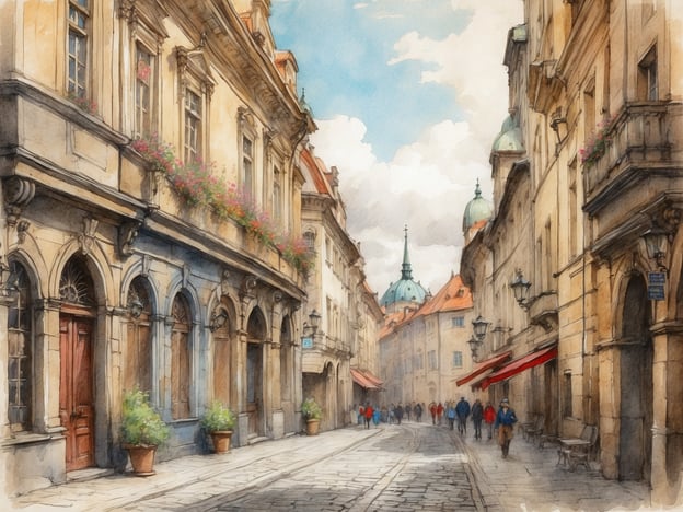 Auf dem Bild ist eine malerische Straße in Prag zu sehen, umgeben von historischen Gebäuden mit schönen architektonischen Details. Die Fassade ist mit Blumenkästen geschmückt, und es gibt eine Atmosphäre von ruhigem Trubel, da einige Menschen die Straße entlang gehen. Im Hintergrund sind charakteristische Türme und Dächer zu erkennen, die die einzigartige Schönheit Prags widerspiegeln. Diese Szene könnte gut in einem Reisebericht über die versteckten Schätze von Prag beschrieben werden, wo man die charmanten, weniger hektischen Ecken der Stadt entdecken kann.