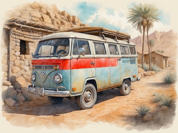 Auf dem Bild ist ein nostalgischer Volkswagen-Bus zu sehen, der in einer schlichten, wüstenähnlichen Umgebung steht. Im Hintergrund erkennt man einige Felsen und eine kleine, traditionelle Steinstruktur, die auf lokale Bauweisen hinweist. Palmen runden die Szene ab und verleihen ihr ein tropisches Flair.

Solch ein Ort könnte reizvolle kulturelle Entdeckungen jenseits der Hauptattraktionen bieten. Man könnte zum Beispiel mit Einheimischen ins Gespräch kommen, um mehr über ihre Traditionen und Lebensweisen zu erfahren. Vielleicht gibt es Märkte, wo handgefertigte Kunstgegenstände oder lokale Speisen verkauft werden. Auch die Erkundung der Umgebung könnte zu versteckten Naturwundern oder weniger bekannten historischen Stätten führen, die oft abseits der üblichen Touristenpfade liegen.