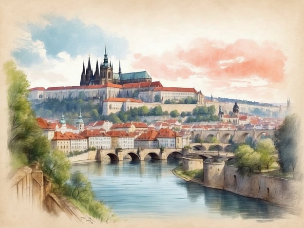 Auf dem Bild ist eine malerische Darstellung von Prag zu sehen, mit dem imposanten Prager Schloss im Hintergrund. Die Stadt ist von einer ruhigen Flußlandschaft umgeben, die von Brücken und charmanten Gebäuden gesäumt wird. In der Umgebung gibt es viel Grün, das zur Erholung einlädt, und die sanften Hügel im Hintergrund tragen zur natürlichen Schönheit bei. Diese Szenerie spiegelt die harmonische Verbindung von Stadt und Natur wider, ideal für entspannende Spaziergänge und die Erkundung der historischen und kulturellen Schätze Prags.