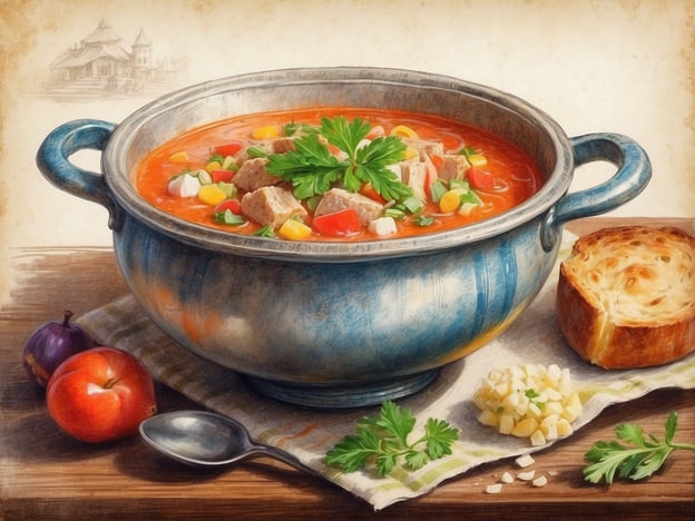 Auf dem Bild ist ein großer Topf mit einer leckeren Suppe zu sehen, die reichhaltig und bunt ist. Es sieht aus wie ein herzhaftes Gericht, das verschiedene Zutaten wie Gemüse und Fleisch enthält. Neben dem Topf liegt ein Stück Brot und einige frische Kräuter. Dies erinnert an Borschtsch – das Herzstück der ukrainischen Suppen, das typischerweise rot ist und oft mit Rüben, Kohl und Fleisch zubereitet wird. و