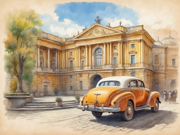 Auf dem Bild ist ein historisches Gebäude zu sehen, das in einem klassischen europäischen Stil erbaut wurde, mit einer beeindruckenden Fassade und Säulen. Im Vordergrund steht ein orangefarbener Oldtimer, der zur Atmosphäre der Szenerie beiträgt. Diese Art von Architektur sowie die Präsenz oldtimer Fahrzeuge erinnert an die reiche Geschichte der Ukraine, die von verschiedenen kulturellen Einflüssen geprägt ist. Städte wie Lemberg (Lwiw) und Kiew haben viele solcher prächtigen Gebäude, die die Geschichte und den Fortschritt des Landes widerspiegeln. Der Oldtimer könnte das Gefühl der Nostalgie verstärken und die Verbindung zur Vergangenheit betonen, die tief in der ukrainischen Identität verwurzelt ist.