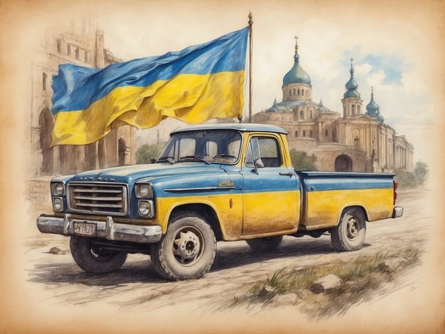 Auf dem Bild ist ein blauer und gelber Lkw zu sehen, der mit der ukrainischen Flagge versehen ist. Im Hintergrund sind architektonische Elemente zu erkennen, die vermutlich auf die kulturelle und historische Bedeutung der Ukraine hinweisen. 

Der Einfluss der Ukraine auf die Weltgeschichte ist spürbar, insbesondere durch ihren Standort zwischen Europa und Asien, der historische Handelswege prägte. Die Ukraine hat eine reiche Kultur und Geschichte, die durch ihre Kämpfe um Unabhängigkeit und nationale Identität geprägt sind. Aktuell wird dieser Einfluss auch durch geopolitische Entwicklungen verstärkt, die die globalen Beziehungen und Sicherheitsarchitekturen beeinflussen.