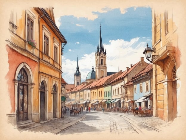 Auf dem Bild ist eine malerische Straße in der charmanten Stadt Eger zu sehen. Die bunten Häuser mit ihren verschiedenen Fassaden stehen nebeneinander, und die Architektur vermittelt ein historisches Flair. Im Hintergrund ragen hohe Türme in den Himmel, die der Szenerie eine besondere Note verleihen. Die angenehm gewundene Straße lädt zu einem gemütlichen Spaziergang ein, während Menschen und vielleicht einige Pferde die Atmosphäre lebhaft machen. Das schöne Wetter und der blaue Himmel tragen zur einladenden Stimmung bei.