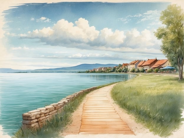 Auf dem Bild ist die atemberaubende Landschaft des Balaton zu sehen. Es zeigt einen ruhigen Weg, der entlang des Wassers führt, umgeben von einer sanften, grünen Wiese. Der Himmel ist klar mit einigen Wolken, und die sanften Hügel im Hintergrund ergänzen die friedliche Atmosphäre. Die charmanten Häuser mit roten Dächern am Ufer tragen zur malerischen Szenerie bei.