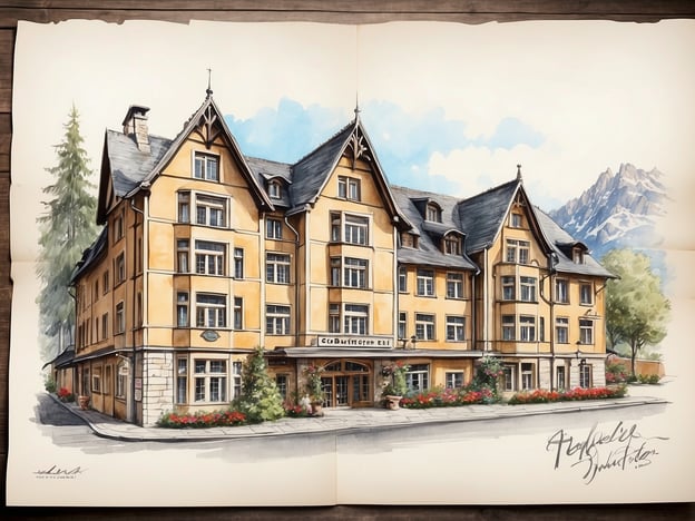 Auf dem Bild ist ein charmantes Hotel oder ein Gästehaus zu sehen. Es hat eine gelbe Fassade mit verschiedenen Fenstern und einem geschwungenen Dach. Um das Gebäude herum befinden sich gepflegte Pflanzen und Blumen, die eine einladende Atmosphäre schaffen. Die architektonischen Details verleihen dem Gebäude einen traditionellen und gemütlichen Charakter, was es zu einer idealen Unterkunft für Reisende macht, die nach Übernachtungsmöglichkeiten in einer malerischen Umgebung suchen. Wahrscheinlich liegt es in einer reizvollen Landschaft, möglicherweise in den Bergen.