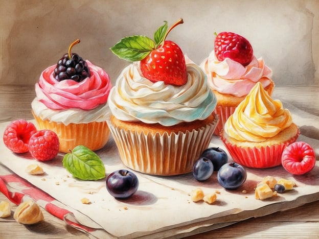 Auf dem Bild sind verschiedene köstliche Cupcakes zu sehen, die mit buntem und sahnigem Frosting dekoriert sind. Die Cupcakes sind mit frischen Früchten wie Erdbeeren, Himbeeren und Brombeeren garniert. Um die Cupcakes herum liegen einige Beeren und kleine Leckereien. Die Szenerie strahlt eine gemütliche und einladende Atmosphäre aus, die zum Naschen dieser süßen Versuchungen einlädt.