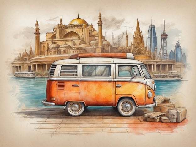 Auf dem Bild ist ein nostalgischer VW-Bus in orange-weißer Farbgebung zu sehen, der am Ufer eines Gewässers steht. Im Hintergrund wird eine beeindruckende Stadtlandschaft sichtbar, die sowohl historische als auch moderne Architektur vereint. 

Besonderheiten des Bildes sind die markanten Türme und Kuppeln, die auf eine Mischung aus byzantinischer und islamischer Architektur hindeuten, was auf eine kulturelle Vielfalt schließen lässt. Die Wolkenkratzer im Hintergrund stehen im Kontrast zu der traditionellen Architektur, was den Einfluss von Modernität und Globalisierung zeigt. 

Die Farbgebung des Bildes ist warm und einladend, was ein Gefühl von Freiheit und Abenteuer vermittelt, typisch für die Ära der Reisemobile. Der Standort am Wasser und die Koffer neben dem Bus verstärken die Vorstellung einer Reise oder eines Abenteuers. Die gesamte Komposition verbindet nostalgische Elemente mit einem lebendigen städtischen Umfeld.