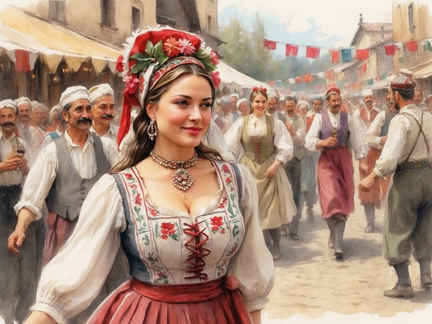 Auf dem Bild ist eine lebhafte Dorf- oder Festtagsatmosphäre darstellt, die an beliebte ungarische Feste erinnert. Ein Beispiel ist das **Budapester Frühlingsfest**, wo traditionelle Trachten, Musik und Tanz im Vordergrund stehen. 

Ein weiteres berühmtes Fest, das hier dargestellt sein könnte, ist das **Széchenyi-Fest**, das lokale Handwerkskunst und kulinarische Köstlichkeiten feiert. Solche gesellschaftlichen Anlässe bringen oft Menschen zusammen, die in traditionellen ungarischen Kleidern tanzen und singen. Nach diesen Festen gibt es oft einen fröhlichen Markt, der die Kultur und die Gemeinschaft feiert.