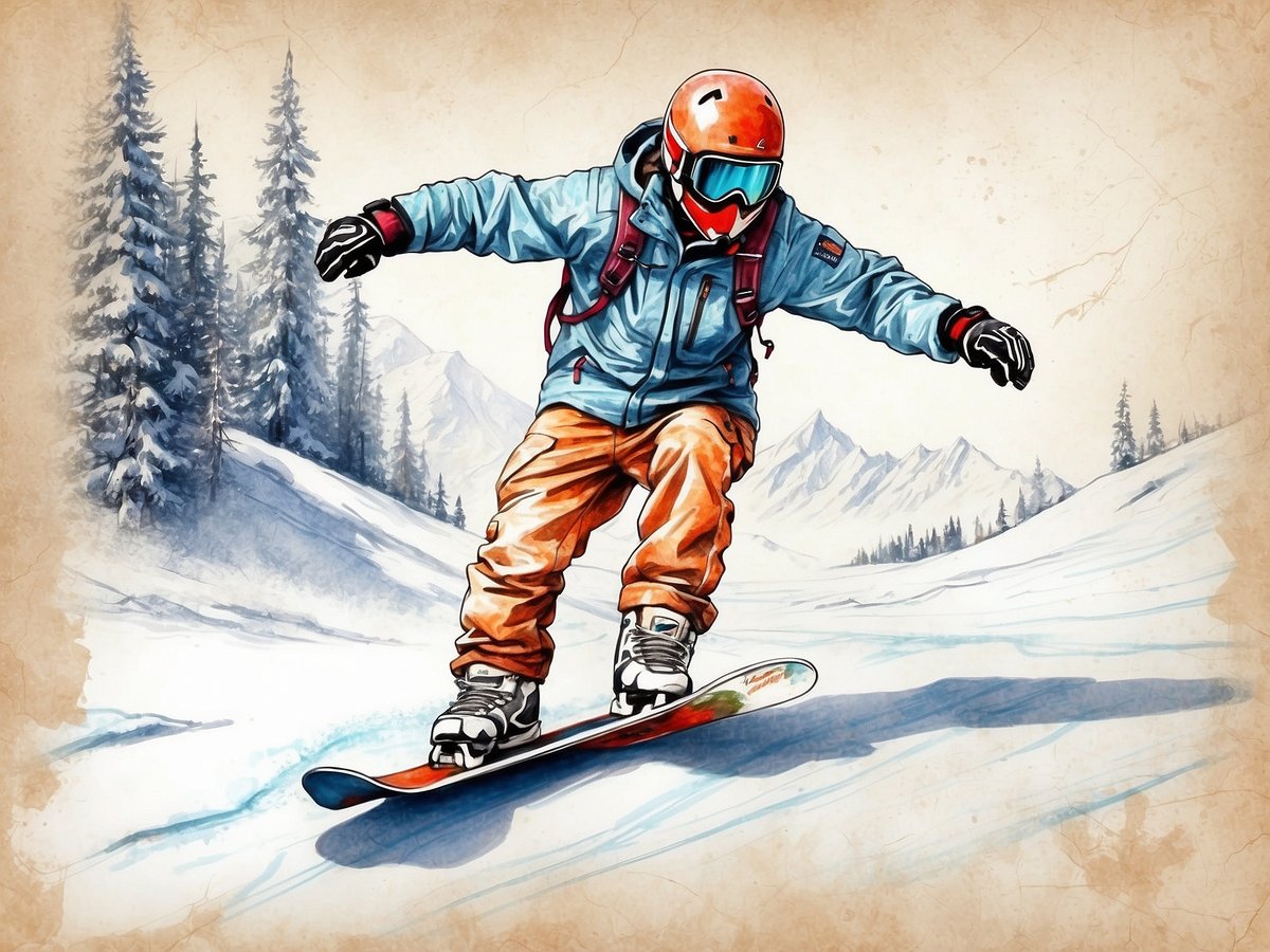 Ein Snowboarder fährt mit einem dynamischen Stil auf einer verschneiten Piste. Er trägt eine orangefarbene Snowboardhelm, eine blaue Jacke und orangefarbene Snowboardhosen. Im Hintergrund sind verschneite Tannenbäume und majestätische Berge zu sehen. Die Szene vermittelt eine winterliche Sportatmosphäre und eignet sich gut zur Illustration von Snowboard-Lehrer Ausbildungskursen.