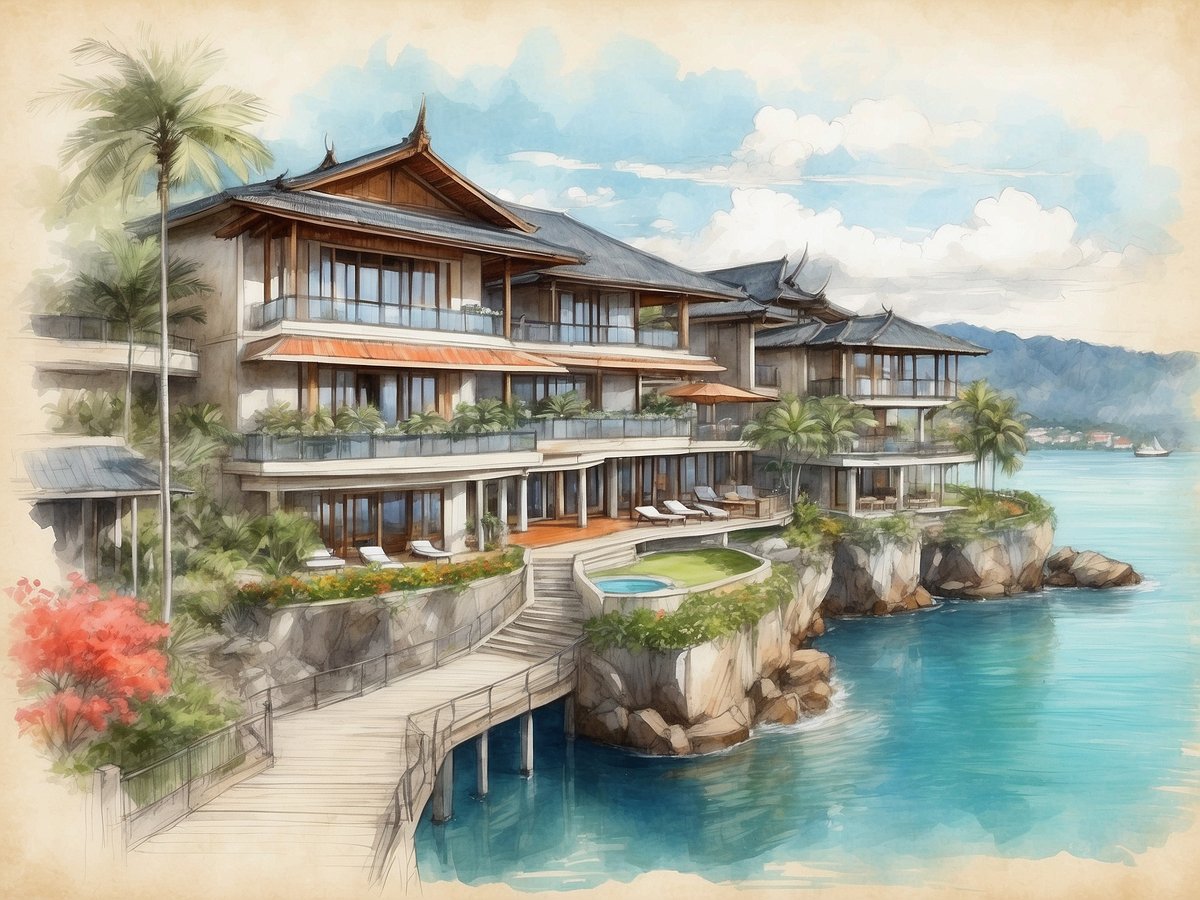 Das Bild zeigt das NH Hotels Boat Lagoon Phuket Resort in Thailand. Es handelt sich um eine stilvolle, moderne Resortanlage, die malerisch über das Wasser gebaut ist. Die Gebäude zeichnen sich durch traditionelle thailändische Architektur mit großen Fenstern und überdachten Terrassen aus. Umgeben von tropischen Pflanzen und einem klaren blauen Wasser, bietet das Resort einen eigenen Swimmingpool und gemütliche Liegen auf den Terrassen. Im Hintergrund sind sanfte Hügel und ein bewölkter Himmel zu sehen, die zusammen eine entspannende Urlaubsatmosphäre schaffen.