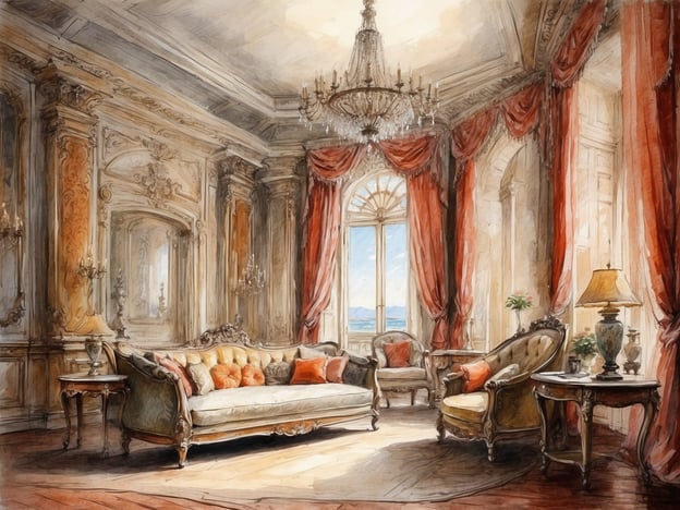 Auf dem Bild ist ein elegantes Zimmer mit opulentem Interieur zu sehen. Es enthält eine vintage Couch mit Kissen, einen Kronleuchter, dekorative Vorhänge und stilvolle Möbel. Die Kunstwerke im Inneren des Petersdoms sind ebenfalls von großer Pracht und umfassen Meisterwerke wie die "Pietà" von Michelangelo und die beeindruckenden Deckenfresken von Bernini. Diese Kunstwerke schaffen eine Atmosphäre der Ehrfurcht und machen den Petersdom zu einem der bedeutendsten Orte der christlichen Kunst.