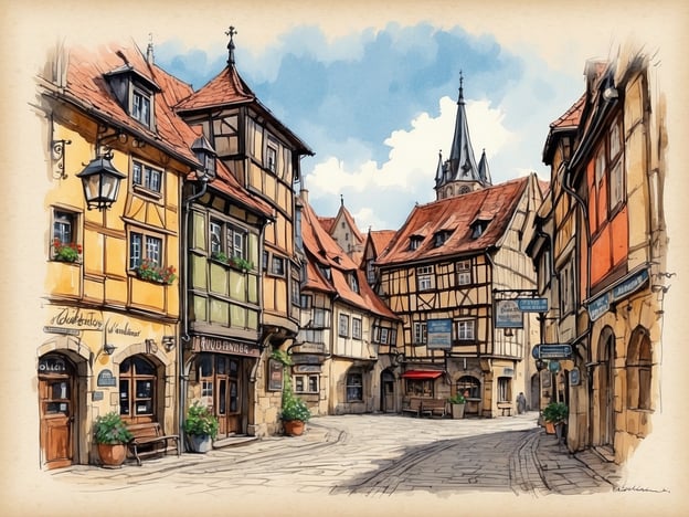 Auf dem Bild ist eine malerische Gasse zu sehen, die an die historische Architektur von Quedlinburg erinnert. Die Gebäude sind typisch für das mittelalterliche Stadtbild, mit Fachwerk und bunten Fassaden. Es gibt Pflanzen in Töpfen und einige Straßenschilder, die auf Geschäfte hinweisen. Diese Szenerie könnte einen Blick in die Altstadt von Quedlinburg zeigen, die für ihre gut erhaltenen Fachwerkhäuser und ihre Geschichte bekannt ist, einschließlich ihrer Bedeutung als UNESCO-Weltkulturerbe. Quedlinburg ist auch für seine verwinkelten Straßen und charmanten Plätze berühmt, die Besucher in die Vergangenheit zurückversetzen.