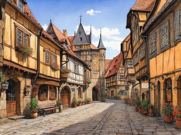 Auf dem Bild sind wunderschöne, historische Fachwerkhäuser zu sehen, die typisch für die Altstadt von Quedlinburg sind. Die malerische Gasse mit Kopfsteinpflaster und den blühenden Blumen in den Töpfen vermittelt ein charmantes Ambiente. Im Hintergrund sind hohe Türme sichtbar, die auf die architektonische Schönheit der Stadt hinweisen, möglicherweise die Stiftskirche St. Servatius oder das Schloss Quedlinburg. Diese Sehenswürdigkeiten sind Teil des UNESCO-Weltkulturerbes und unterstreichen die historische Bedeutung von Quedlinburg.