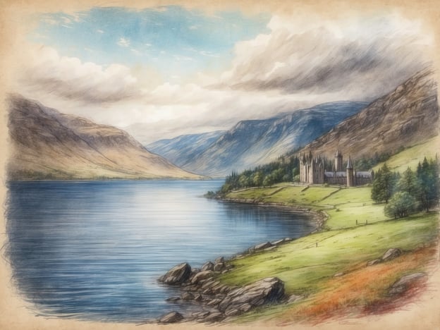 Auf dem Bild ist eine malerische Landschaft mit einem ruhigen See, umgeben von beeindruckenden Bergen und sanften Hügeln. Am Ufer des Sees steht ein historisches Schloss, das an die mystischen Legenden von Loch Ness erinnert. Diese Szenerie weckt die Vorstellung an das Geheimnis des Loch Ness, wo das berühmte Ungeheuer leben soll. Der Himmel ist teilweise bewölkt, was der Aussicht eine geheimnisvolle Atmosphäre verleiht und die Fantasie anregt, mehr über die versteckten Geheimnisse dieser Region zu erfahren.