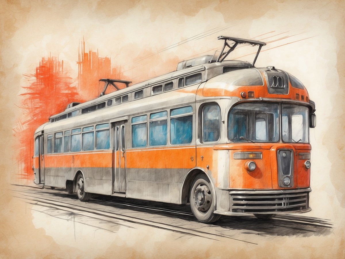 Ein nostalgischer Straßenbahnwagen mit orangefarbenen und silbernen Akzenten steht auf einer Gleisanlage. Im Hintergrund ist eine abstrakte, rötliche Farbgebung zu sehen, die dem Bild einen dynamischen Eindruck verleiht. Die Straßenbahn hat große Fenster und ein charakteristisches Design, das an vergangene Zeiten erinnert. Sie ist auf einem hellen, strukturierten Hintergrund abgebildet, der die Details des Fahrzeugs hervorhebt.