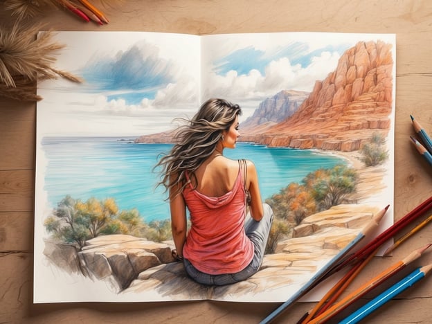 Auf dem Bild ist eine Zeichnung zu sehen, die eine Person zeigt, die an einem versteckten Aussichtspunkt sitzt und einen atemberaubenden Blick auf das Meer und die umliegenden Felsen genießt. Die sanften Wellen des Wassers und die majestätische Landschaft schaffen eine friedliche und inspirierende Atmosphäre. Die Person trägt ein rotes Oberteil und scheint in Gedanken versunken zu sein, während sie die Schönheit der Natur in sich aufnimmt. Die Farben der Zeichnung sind lebhaft und unterstreichen die Ruhe und Anmut dieses Ortes.