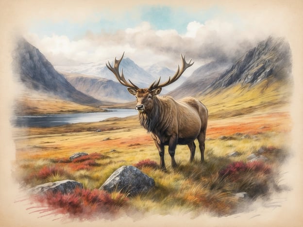 Auf dem Bild ist ein majestätisches Tier zu sehen, das die faszinierende Tierwelt der Highlands repräsentiert. Es handelt sich um einen gehörnten Rothirsch, der in einer malerischen Landschaft mit sanften Hügeln, einem klaren See und bunten Heideflächen steht. Diese Umgebung ist typisch für die schottischen Highlands, wo die Natur rau und zugleich atemberaubend schön ist. Der Hirsch ist ein Symbol für die Wildheit und die unberührte Schönheit dieser Region.