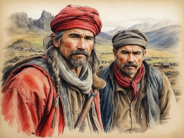 Auf dem Bild sind zwei Männer zu sehen, die traditionelle Kleidung tragen, die möglicherweise mit den Highland-Bewohnern assoziiert wird. Ihre Outfits, bestehend aus farbenfrohen Tüchern und robusten Materialien, spiegeln die kulturellen Bräuche und die Lebensweise der Menschen in hochgelegenen Regionen wider.

Die Highland-Bewohner sind bekannt für ihre enge Verbindung zur Natur und ihre jahrhundertealten Traditionen, die oft durch Viehzucht und Landwirtschaft geprägt sind. Ihre symbolträchtigen Kleidungsstile können auch kulturelle Identität und Zugehörigkeit ausdrücken. Die Gesichter der Männer zeigen Charakter und Erfahrung, was typischerweise die Lebensrealitäten in rauen Umgebungen widerspiegelt.