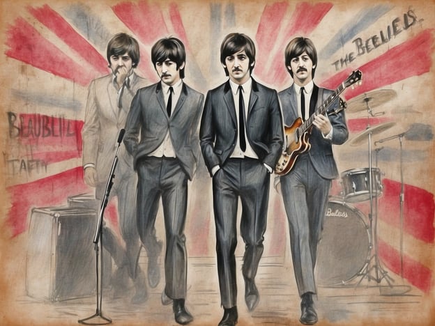 Das Bild zeigt eine künstlerische Darstellung von vier Musikern, die an die Beatles erinnern. Die Beatles waren während der 1960er Jahre maßgeblich an der musikalischen Revolution in Liverpool und darüber hinaus beteiligt. Ihre Musik, geprägt von innovativen Melodien und Texten, beeinflusste zahlreiche Künstler und Stilrichtungen.

Die Beatles, bestehend aus John Lennon, Paul McCartney, George Harrison und Ringo Starr, trugen entscheidend zur Entstehung der 