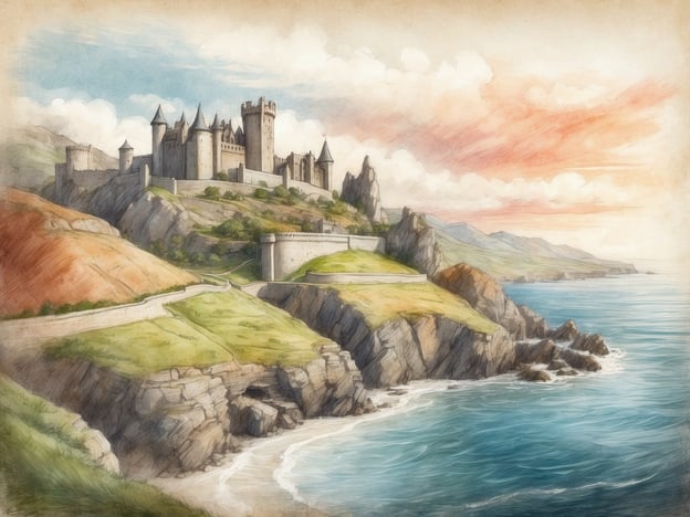 Auf dem Bild ist eine atemberaubende Landschaft von Wales zu sehen. Im Vordergrund fließt das Wasser des Meeres sanft über steinige Strände, während im Hintergrund eine majestätische Burg auf einer Klippe thront. Die Burg ist von grünen Hügeln umgeben, und im Himmel sind sanfte Wolken sowie ein farbenfroher Sonnenuntergang zu sehen. Die gesamte Szene vermittelt ein Gefühl von Ruhe und historischer Pracht, typisch für die malerische Landschaft von Wales.