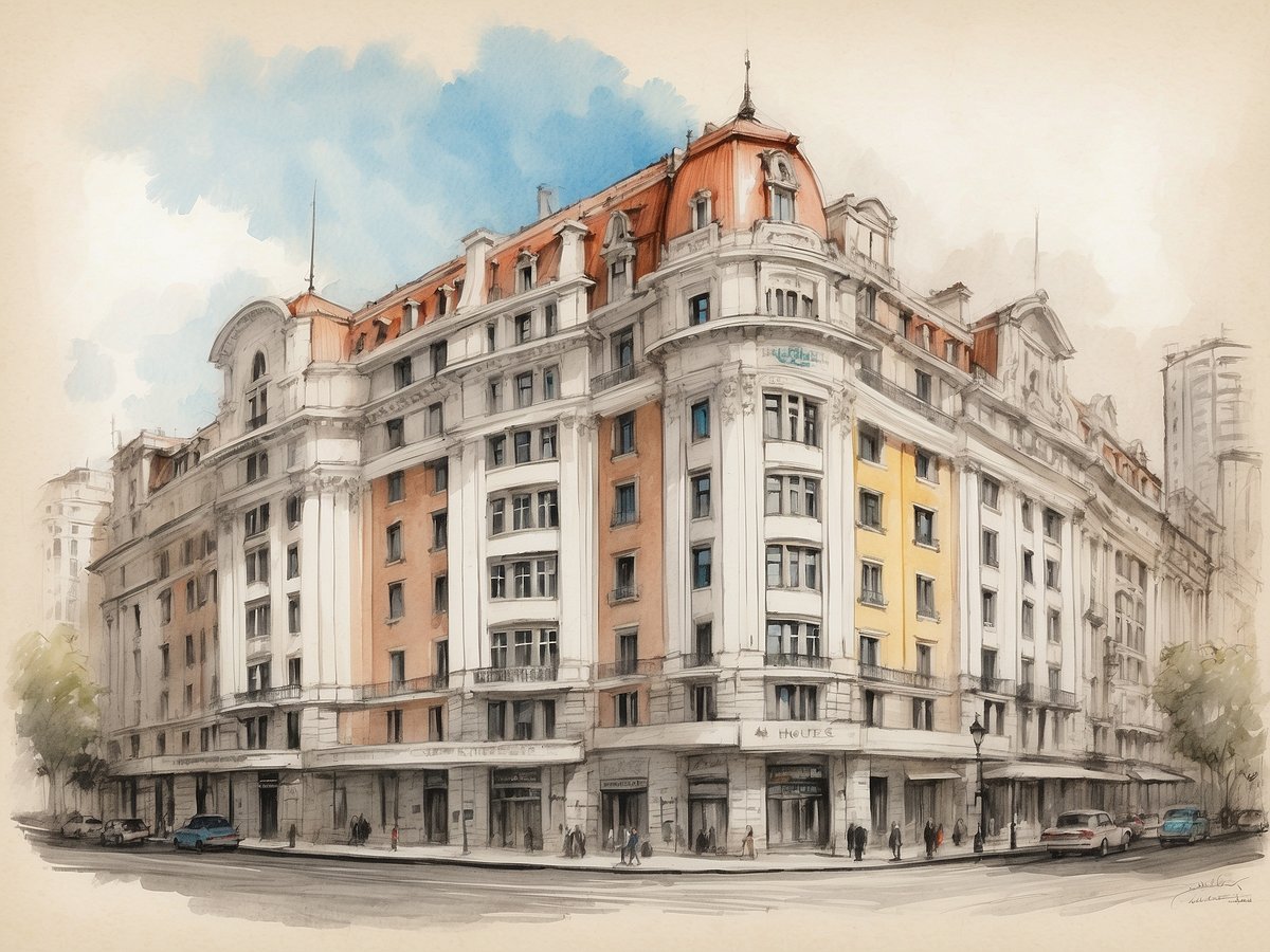 Das Bild zeigt das NH Hotels Buenos Aires 9 De Julio, ein historisches Gebäude mit einer eleganten Fassade. Die Architektur ist eine Mischung aus klassischen und modernen Elementen, gekennzeichnet durch große Fenster und einen markanten, roten Ziegeldach. Einige Wände sind in sanften Farbtönen gehalten, während andere in einem kräftigen Gelb erscheinen. Auf der Strasse sind mehrere Fahrzeuge und Fußgänger zu sehen, was eine lebhafte städtische Atmosphäre vermittelt. Der Himmel ist teilweise bewölkt, wodurch ein sanftes Licht auf das Gebäude fällt.