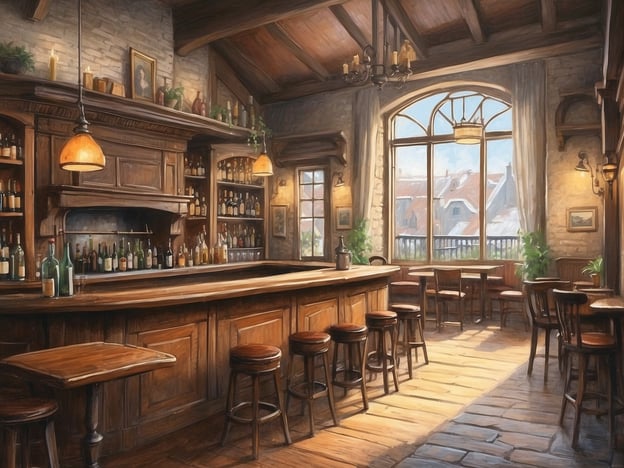 Auf dem Bild ist eine gemütliche Atmosphäre in einem traditionellen Pub zu sehen. Der Innenraum ist aus warmem Holz gestaltet, mit einem eleganten Tresen und einer gut sortierten Bar im Hintergrund. Große Fenster lassen viel Tageslicht herein, während sanfte Lampen eine einladende Stimmung schaffen. Die Einrichtung vermittelt ein Gefühl von Gemütlichkeit, perfekt für gesellige Treffen oder entspannte Abende. Die Pflanzen und die klassische Dekoration tragen zur behaglichen Stimmung bei. Diese Art von Ambiente ist typisch für traditionelle Pubs, wo man sich wohlfühlt und gerne verweilt.