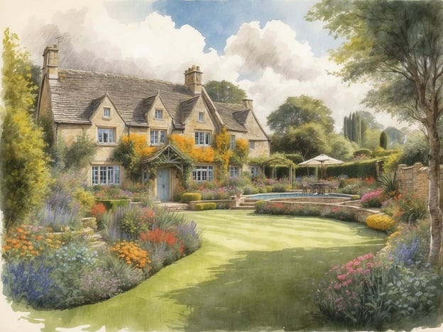 Auf dem Bild sind die idyllischen Gärten der Cotswolds zu sehen. Eine charmante, steinerne Villa mit einem hübschen Garten, der voller bunter Blumen und sorgfältig angelegter Beete ist. Die Gartenlandschaft bietet eine einladende Atmosphäre mit einem Swimmingpool, einem Sitzbereich und vielen liebevoll platzierten Pflanzen. Die gesamte Szenerie strahlt eine ruhige und malerische Schönheit aus, die typisch für diese Region ist.