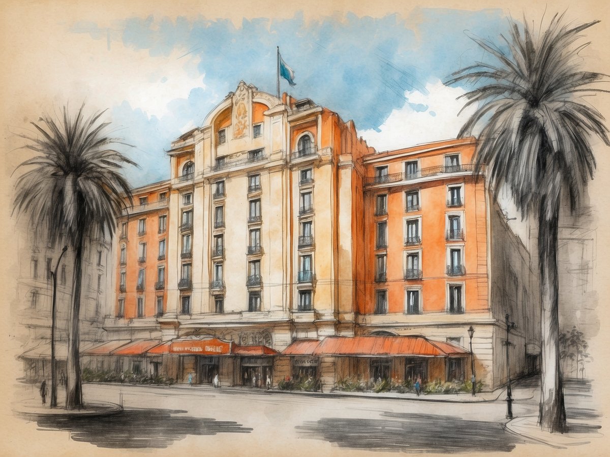 Das Bild zeigt das NH Hotels Buenos Aires Tango in Argentinien, ein elegantes Gebäude mit einer auffälligen orangefarbenen Fassade. Vor dem Hotel befinden sich schattenspendende Palmen und ein markanter Eingangsbereich mit einem roten Vordach. Der Himmel ist hellblau mit sanften Wolken, was dem gesamten Bild eine einladende Atmosphäre verleiht. Die architektonischen Details des Gebäudes sind klar erkennbar, einschließlich der Fenster und des geschmückten Oberbereichs.