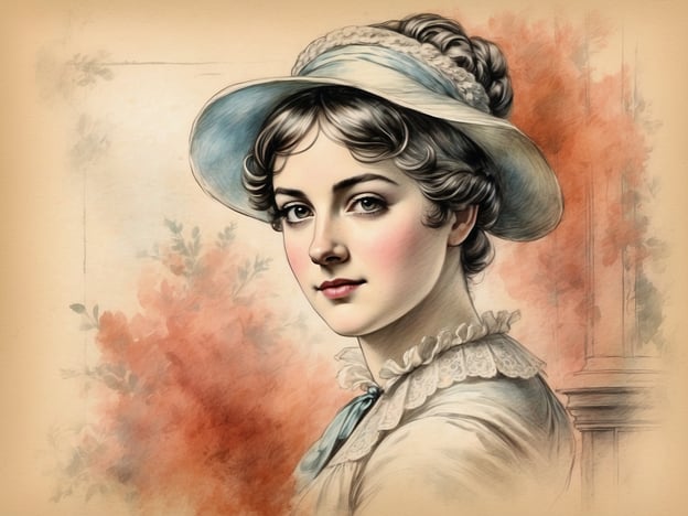 Auf dem Bild ist eine junge Frau zu sehen, die in einem romantischen und nostalgischen Stil dargestellt ist. Sie trägt einen eleganten Hut und ein Kleid, das an die Mode der Regency-Ära erinnert, eine Zeit, die in den Romanen von Jane Austen häufig thematisiert wird. Ihr Blick ist bedacht und vermittelt eine gewisse Anmut und Intelligenz, die typisch für die Protagonistinnen in Austens Geschichten ist. Der sanfte Hintergrund verstärkt das Gefühl von Zartheit und klassischer Schönheit.