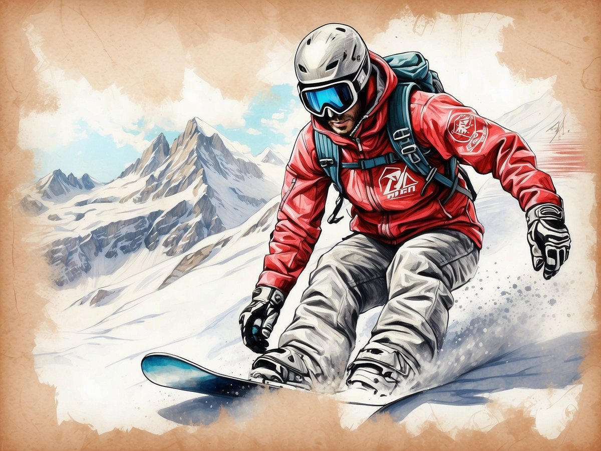 Ein Snowboarder fährt dynamisch einen schneebedeckten Hang hinunter, umgeben von majestätischen Bergen im Hintergrund. Der Fahrer trägt eine rote Jacke, eine schwarze Hose und einen Helm sowie eine Sonnenbrille, die ihn vor der Sonnenstrahlung schützt. Der Schnee spritzt auf, während er die Kurve nimmt, was die Geschwindigkeit und Energie des Moments unterstreicht. Die Szenerie vermittelt das Gefühl von Freiheit und Abenteuer und spiegelt die besten Orte zum Snowboarden in Europa wider, wie die Alpen, Andorra oder die Pyrenäen.