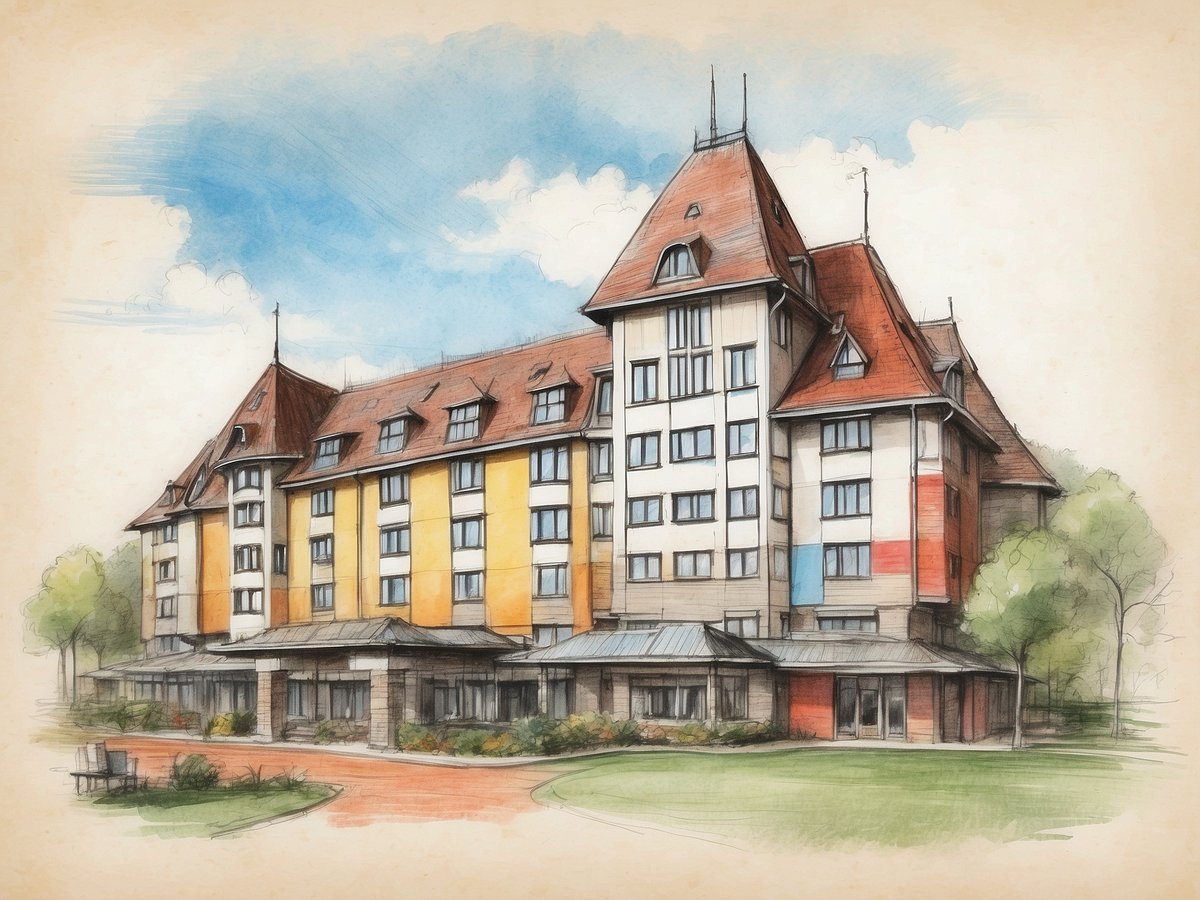 Das Bild zeigt das NH Hotels Bussum Jan Tabak in den Niederlanden. Das Gebäude hat eine charakteristische Architektur mit einem mix aus modernen und traditionellen Stilelementen. Die Fassade ist farbenfroh gestaltet und besteht aus verschiedenen Abschnitten in Gelb, Weiß und Rot. Das Dach ist spitz und mit roten Ziegeln gedeckt, während die Fenster in verschiedenen Größen und Anordnungen an der Frontseite des Hotels angeordnet sind. Vor dem Hotel befinden sich blühende Pflanzen und Bäume, die zur einladenden Atmosphäre beitragen.