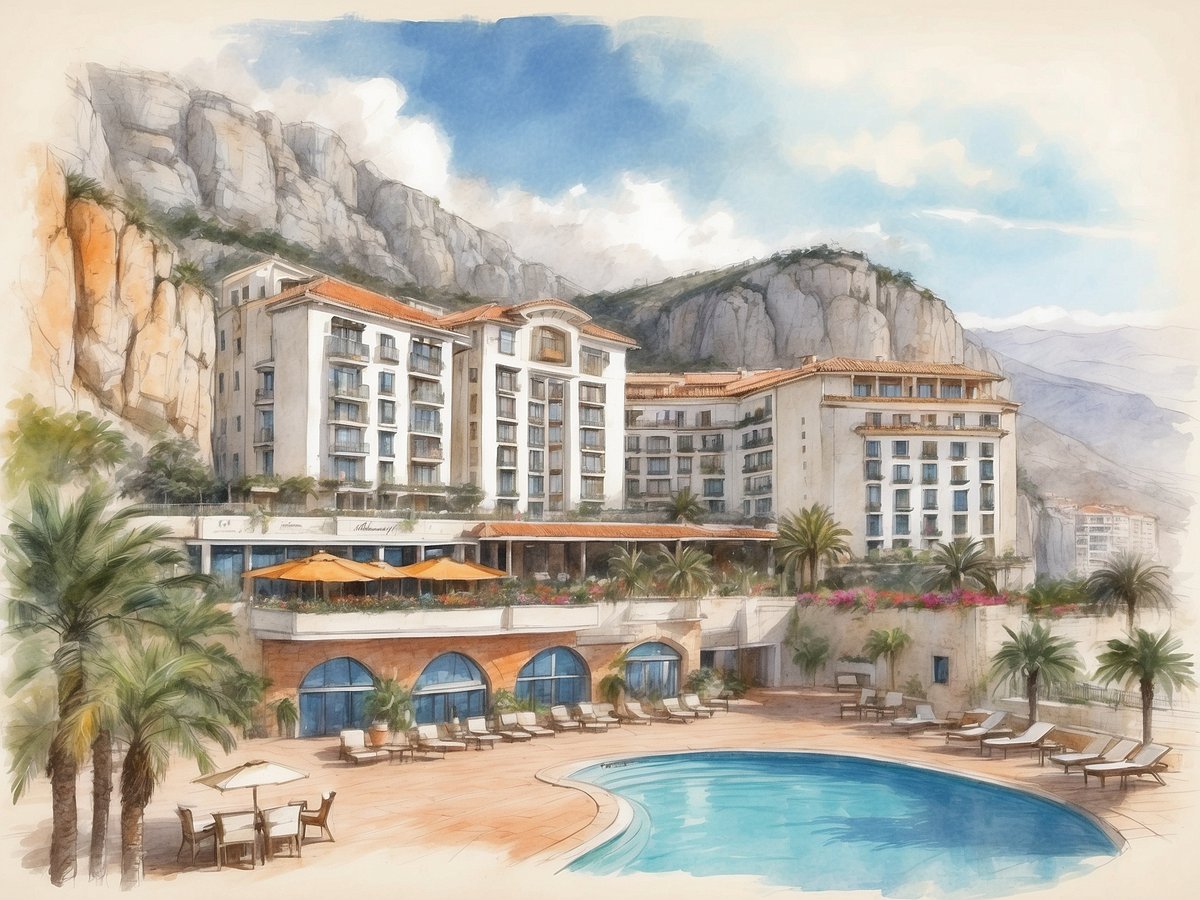 Das Bild zeigt das NH Hotels Campo De Gibraltar in Spanien. Das moderne Hotelgebäude ist von einer malerischen Felsenlandschaft umgeben und liegt in einer tropischen Gartenlandschaft mit Palmen. Im Vordergrund ist ein schöner Poolbereich mit Liegen und Sonnenschirmen zu sehen. Der Außenbereich des Hotels verfügt über eine Terrasse mit Tischen und Stühlen, von wo aus die Gäste die Aussicht genießen können. Die Architektur des Hotels kombiniert elegante Elemente mit natürlichen Materialien und passt harmonisch in die Umgebung ein. Der Himmel ist teilweise bewölkt, was zu einer entspannenden Atmosphäre beiträgt.